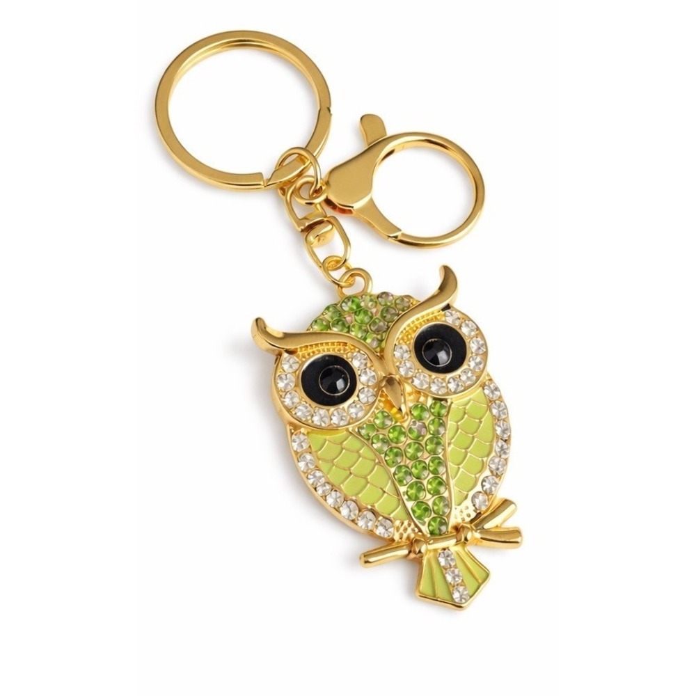 Gold Tone Green Rhinestone Owl Keychain Bag Purse Charm Backpack Sparkle 4.25"